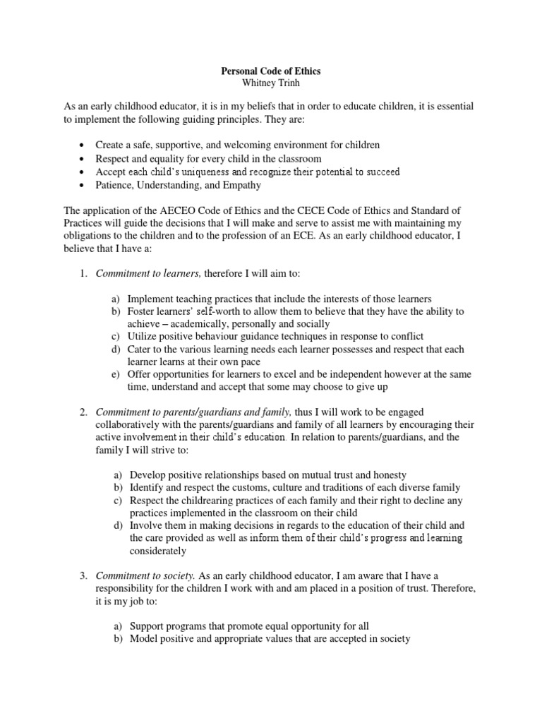 Personal Code Of Ethics Pdf Early Childhood Education Quality Of Life