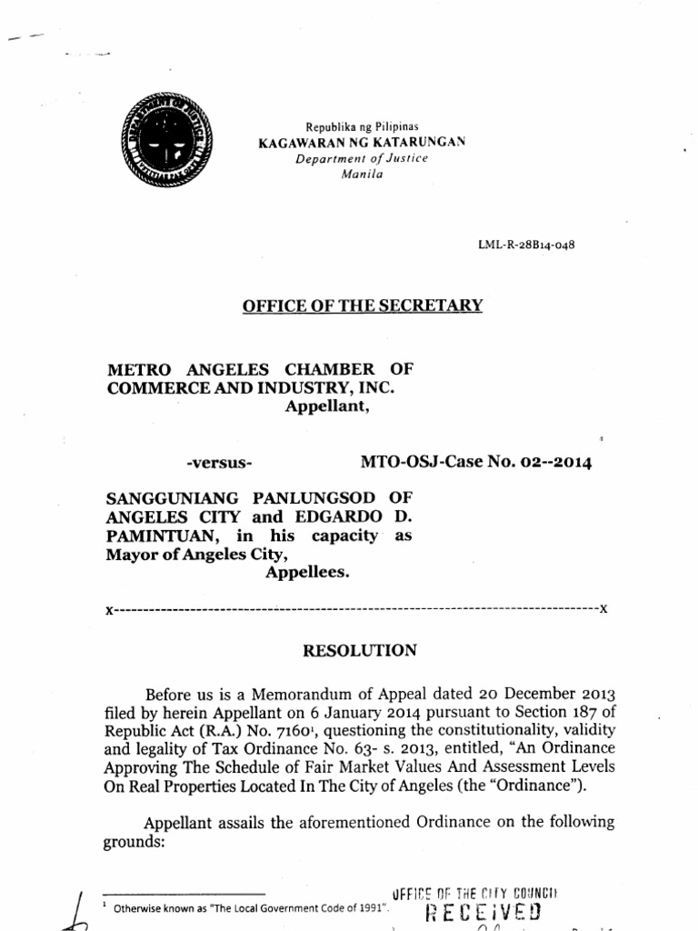 DOJ Resolution MACCII vs Angeles City Real Property Tax case
