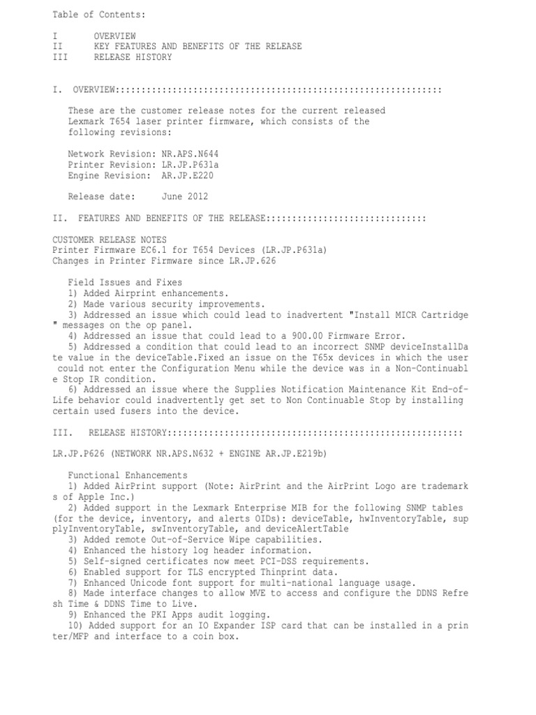 Lexmark T654 Firmware Release Notes | PDF | Ip Address | Internet Standards