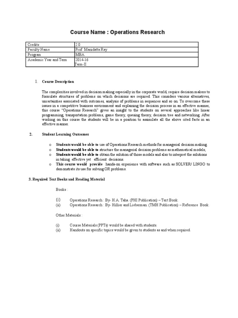 Operations Research Course Overview | PDF | Operations Research | Textbook