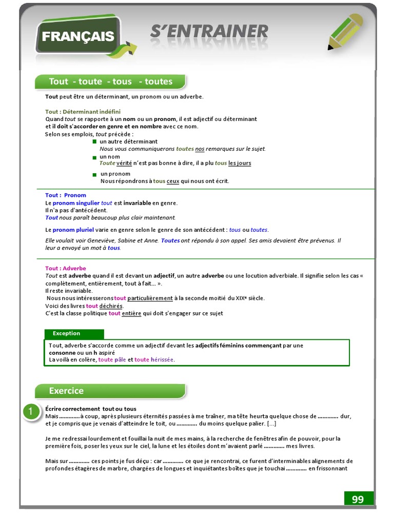 Exercices Tout, Toute, Tous, Toutes | PDF | Pronom | Genre grammatical
