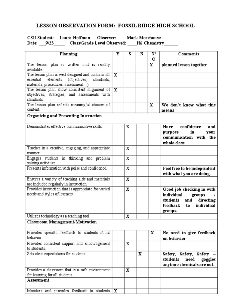 Laura Hoffman 9-23-14 - Lesson Observation Form Educ 687d | PDF ...