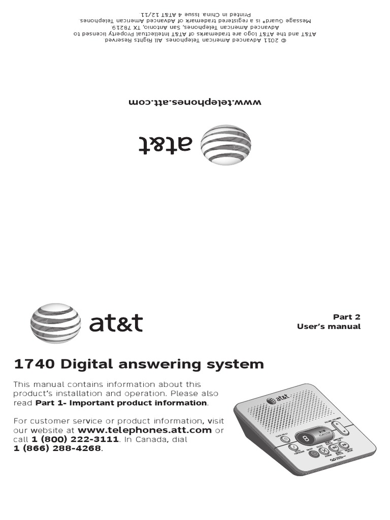 ATT 1740 Answering Machine Users Manual Part 2 PDF Telephone