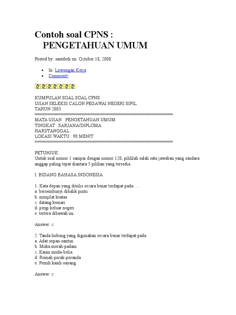 Contoh Soal Cpns Pengetahuan Umum Lowongan Kerja Comment