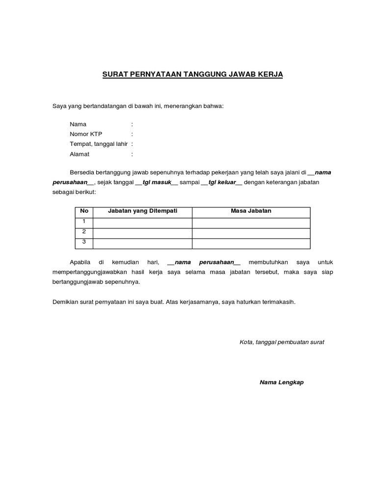 Surat Pernyataan Tanggung Jawab Kerja Surat Pernyataan Tanggung Jawab Kerja
