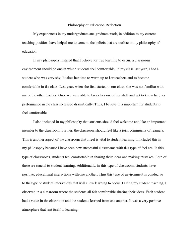 Philosophy of Education Reflection | PDF | Classroom | Learning