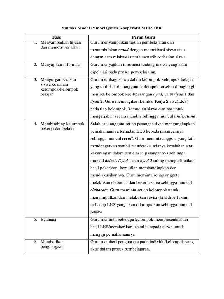 Sintaks model pembelajaran kooperatif murder pdf