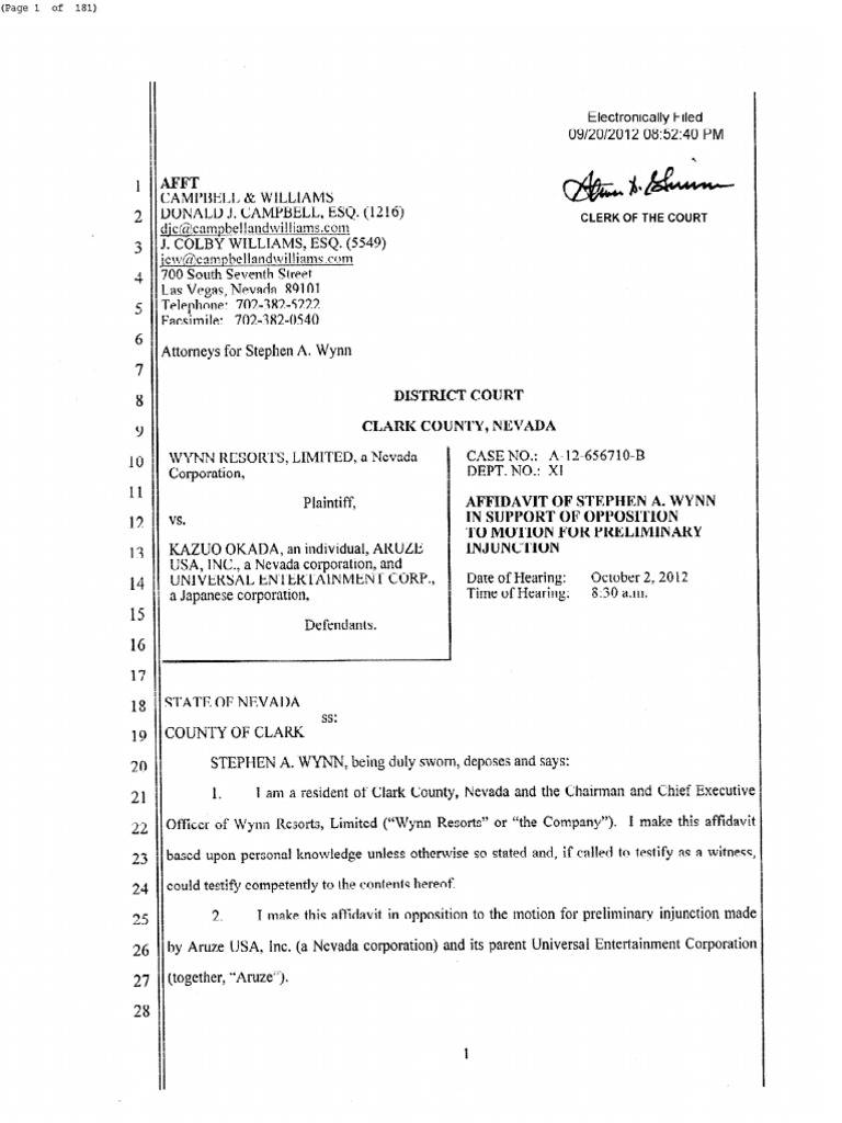 Steve Wynn Affidavit in Opposition To Motion For Injunction | PDF