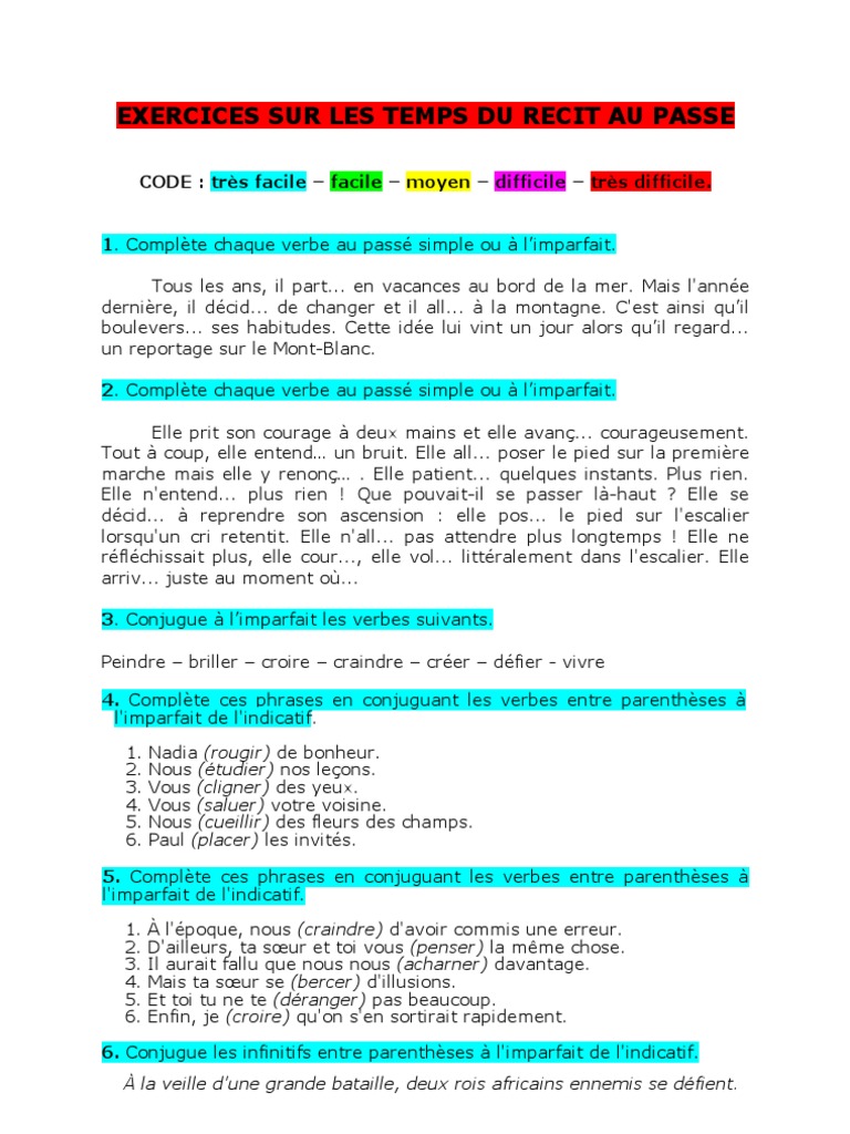 Le Subjonctif Présent Exercices Corrigés 4ème Pdf 4° Exercices OL Temps Du Passé | PDF