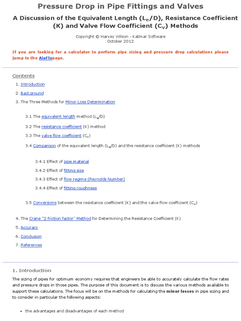 Pressure Drop in Pipe Fittings and Valves Equivalent Length and
