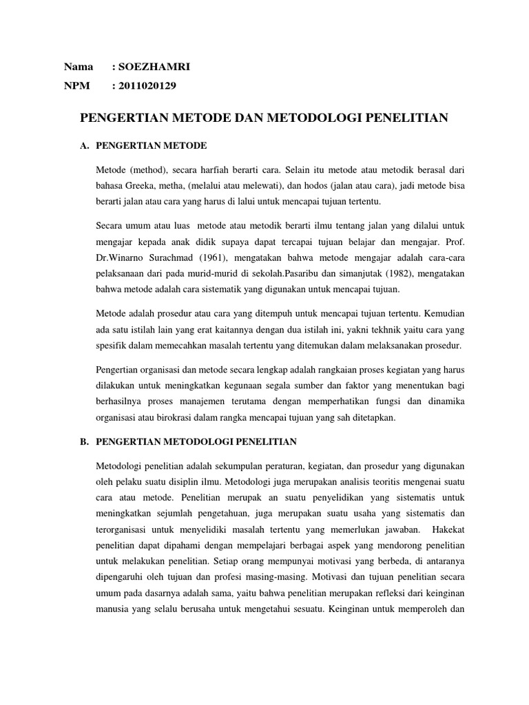 Pengertian Metode Dan Metodologi Penelitian | PDF