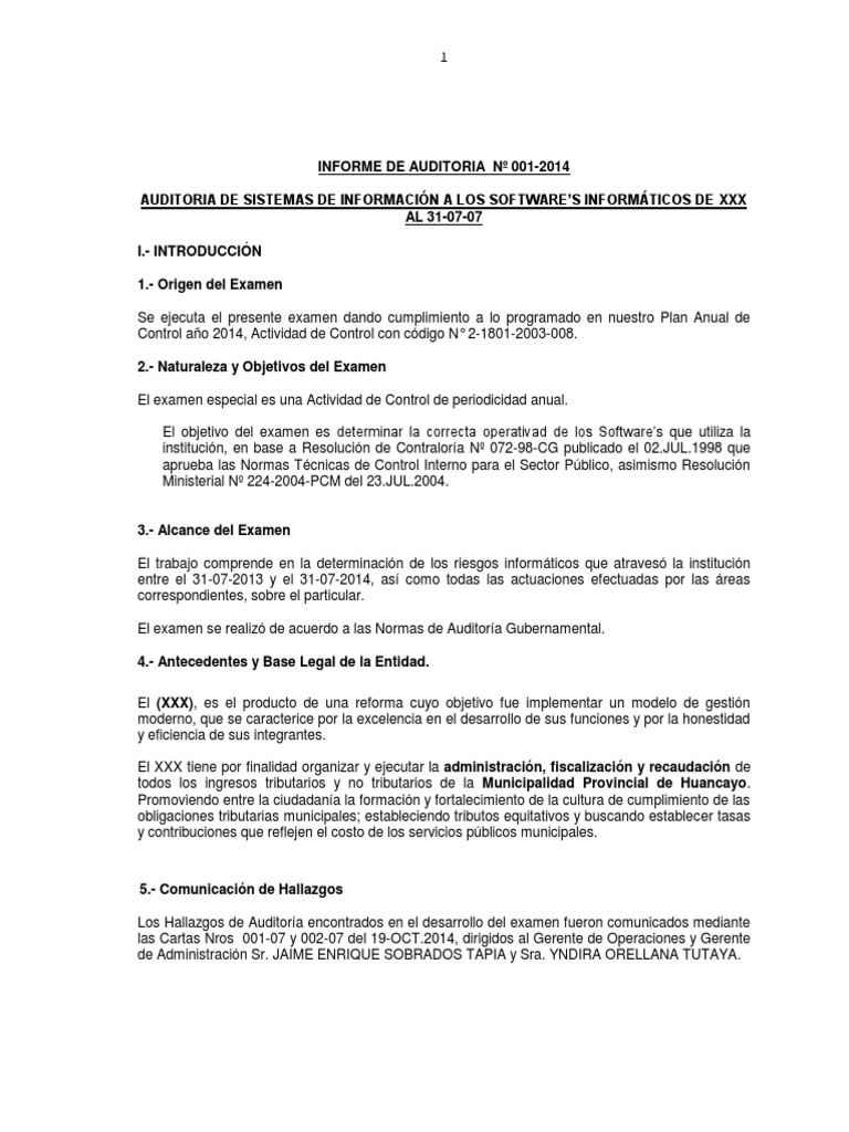 Ejemplo Informe De Auditoria Pdf Software Sistema De Informacion