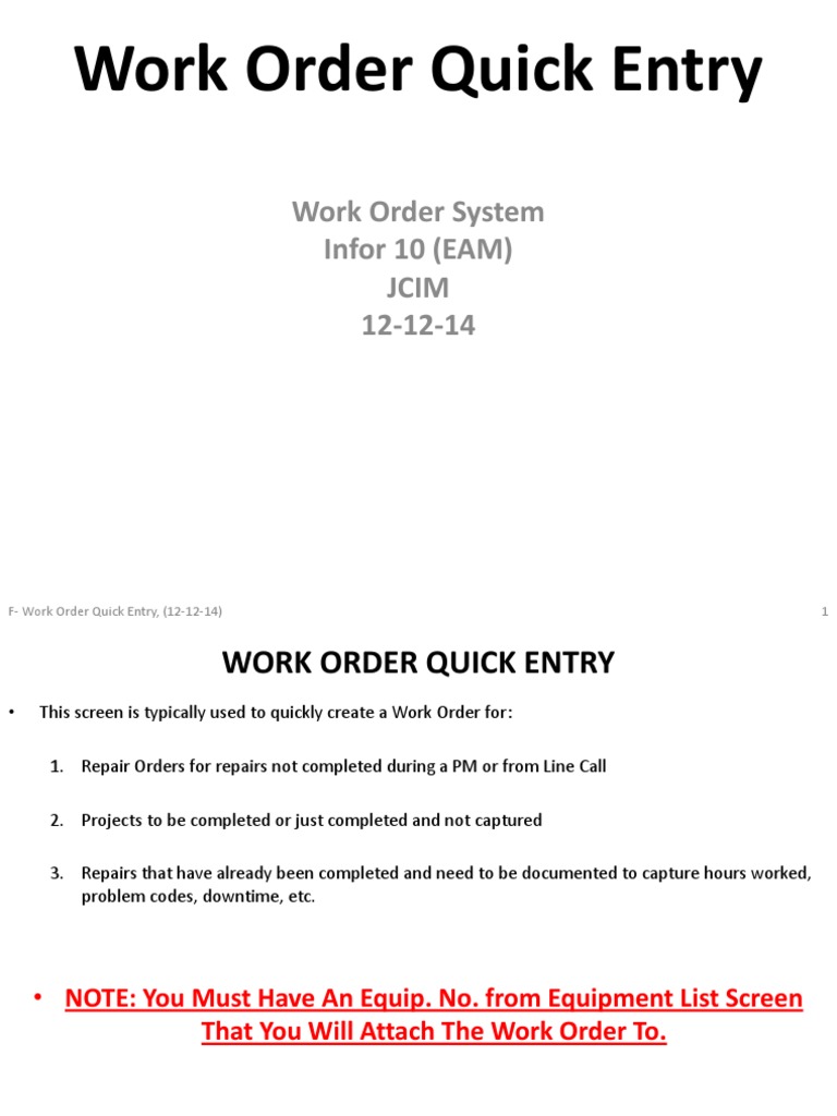 Work Order Quick Entry Guide | PDF