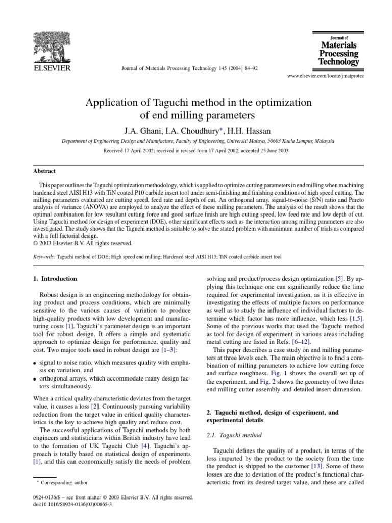 Application of Taguchi Method in The Optimization of End Milling ...
