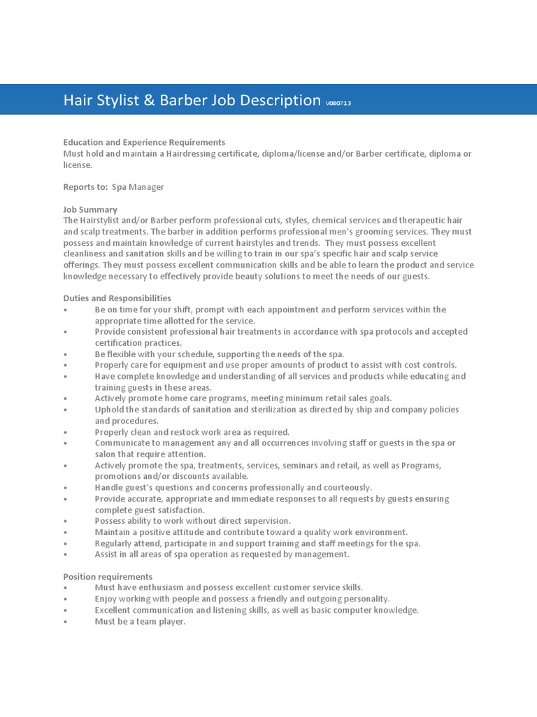 Hair Stylist & Barber Job Description V080713 Download Free PDF