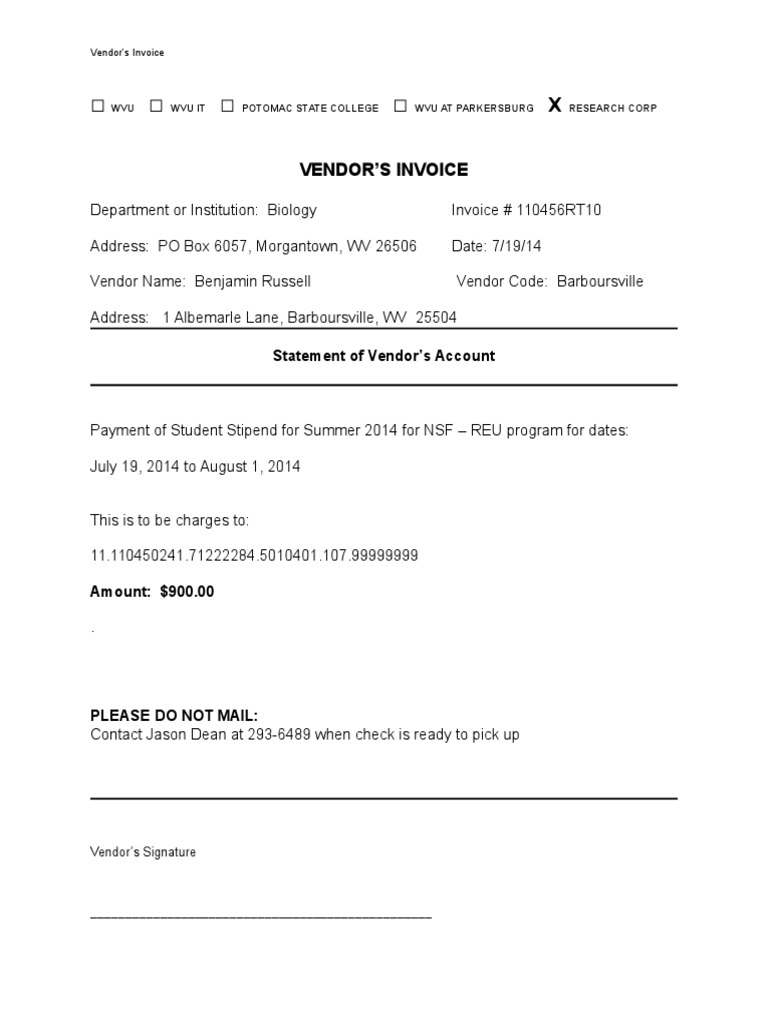 Vendor Invoice for NSF REU Stipend | PDF | Finance & Money Management ...