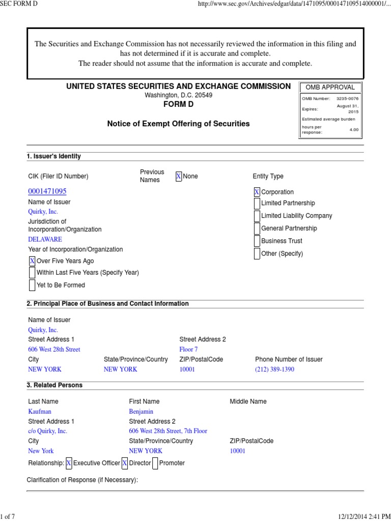 Quirky SEC Form D | PDF | Service Of Process | Securities (Finance)