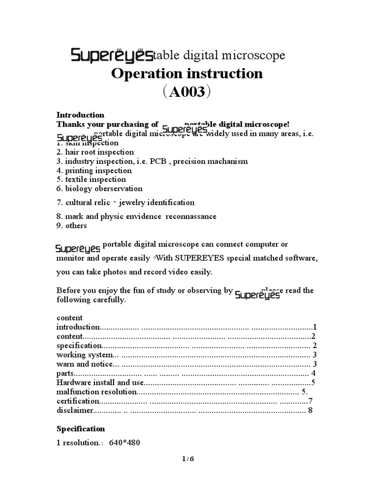 Operation Instruction A003 : Portable Digital Microscope | PDF ...