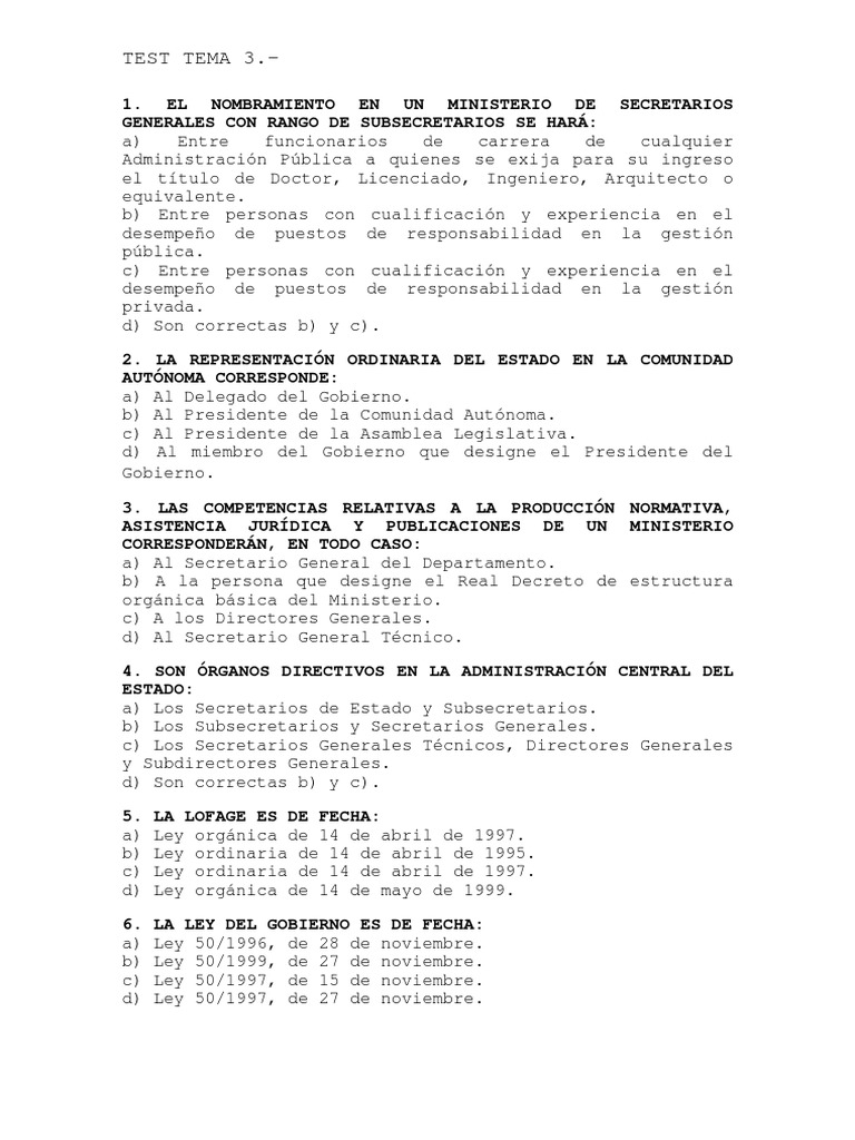 Test sobre Estructura del Gobierno | PDF | Secretario de Estado ...