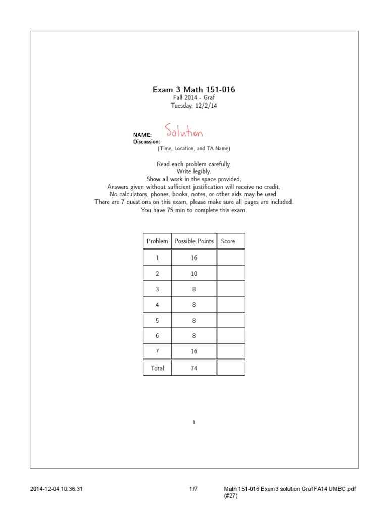Math 151 Exam 3 Solutions FA14 | PDF