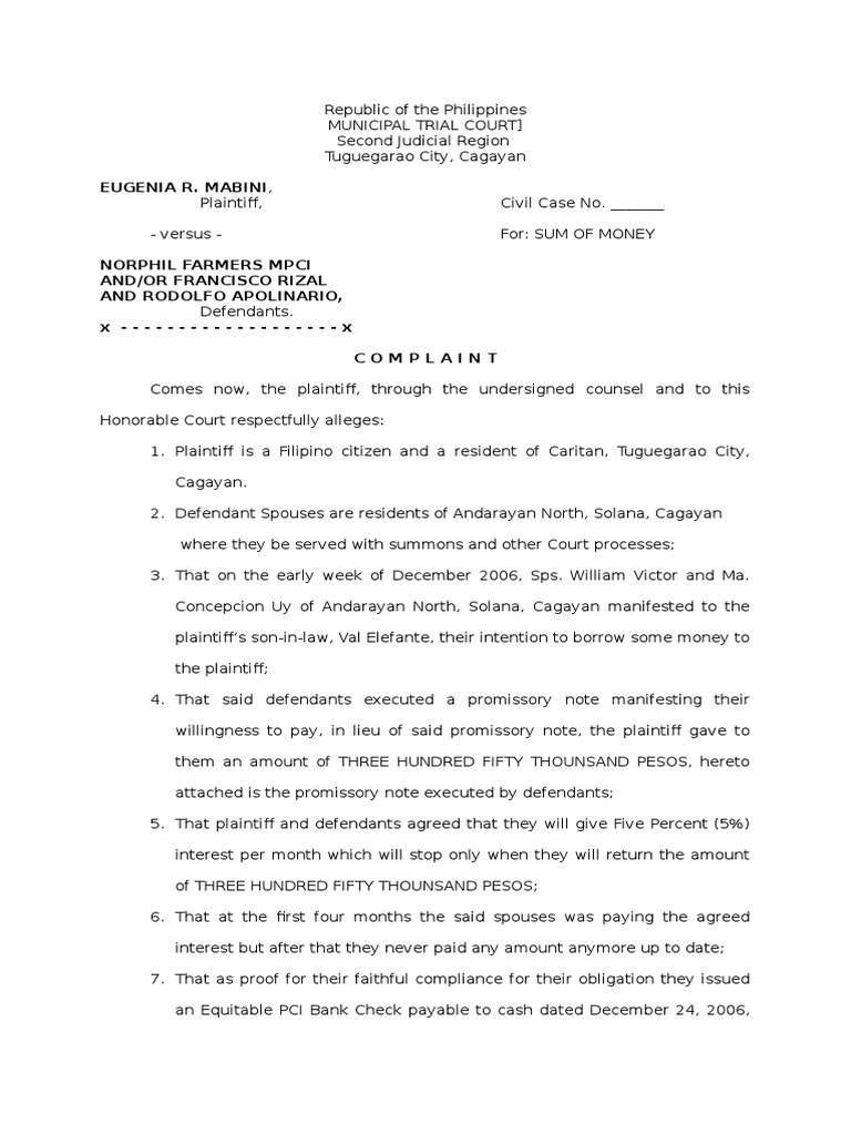 Complaint for Sum of Money Case | PDF | Lawsuit | Social Institutions