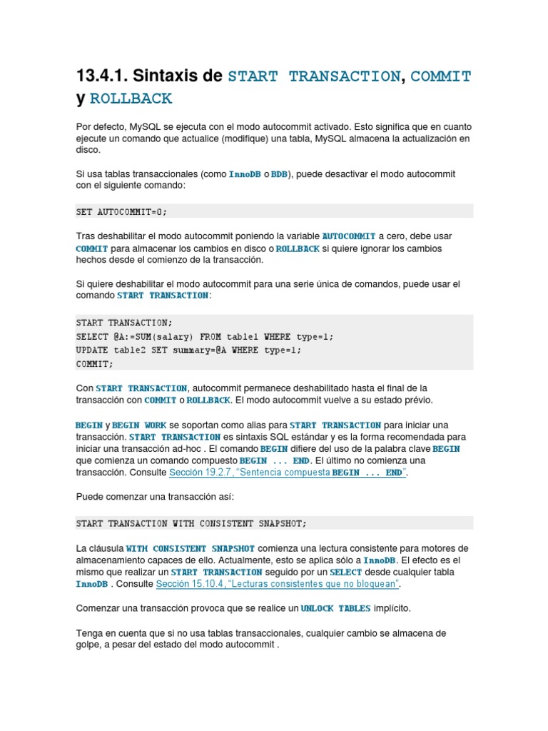 13.4.1. Sintaxis de Start Transaction, Commit y Rollback | PDF | SQL ...