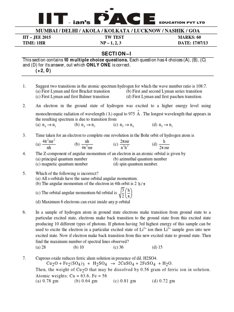 IIT JEE 2015 Physics Chemistry Test | PDF | Atomic Orbital | Atoms