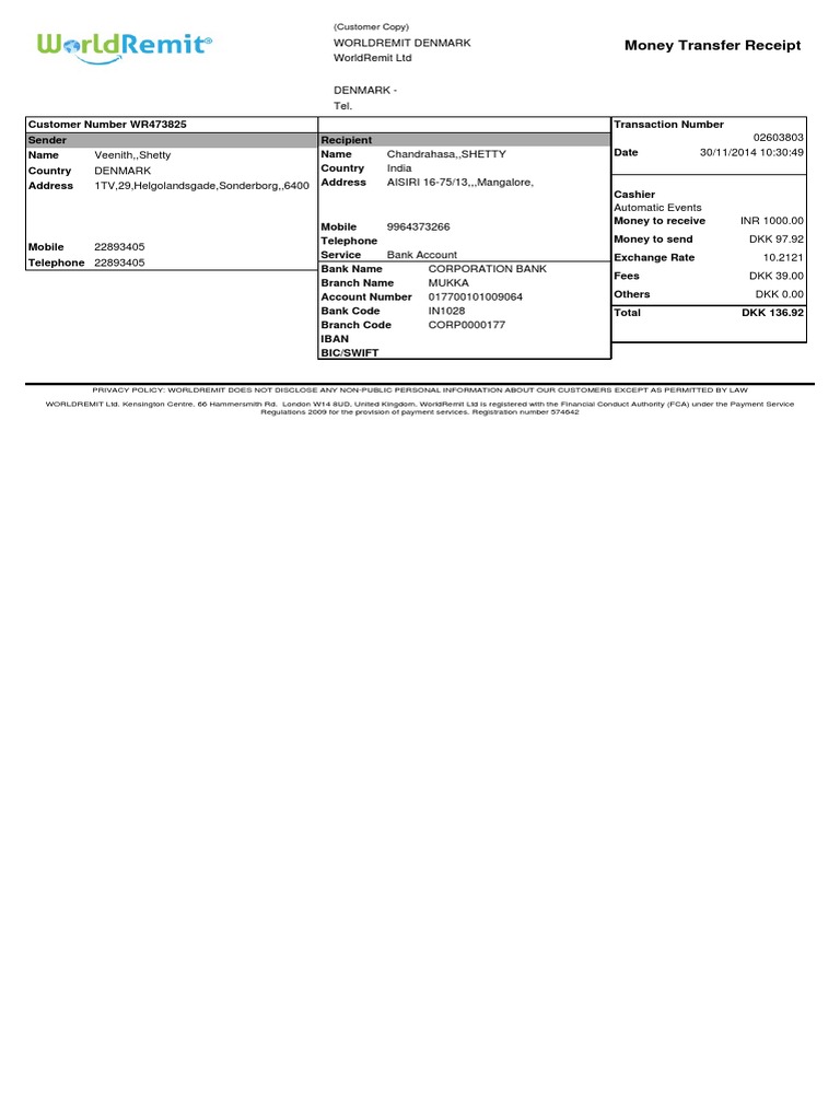 WorldRemit Money Transfer Receipt | PDF | Business | Finance & Money ...