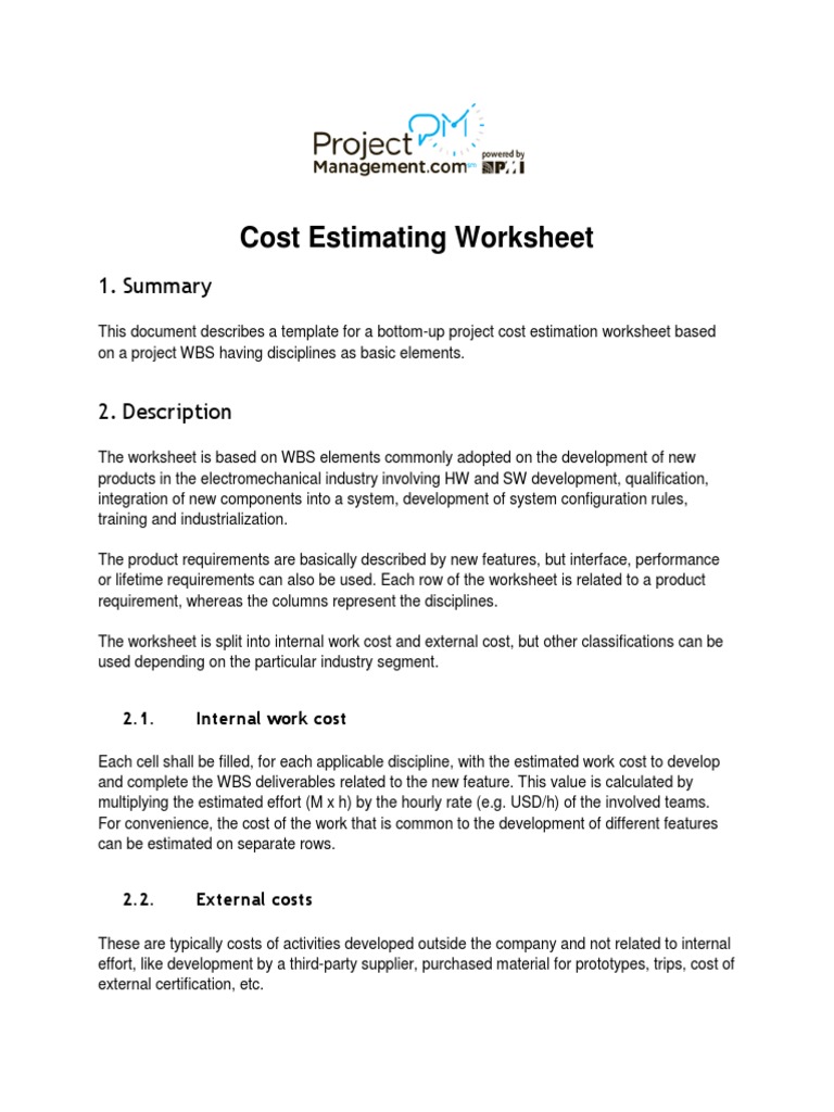 Cost Estimating Worksheet: 1. Summary | PDF | Specification (Technical ...