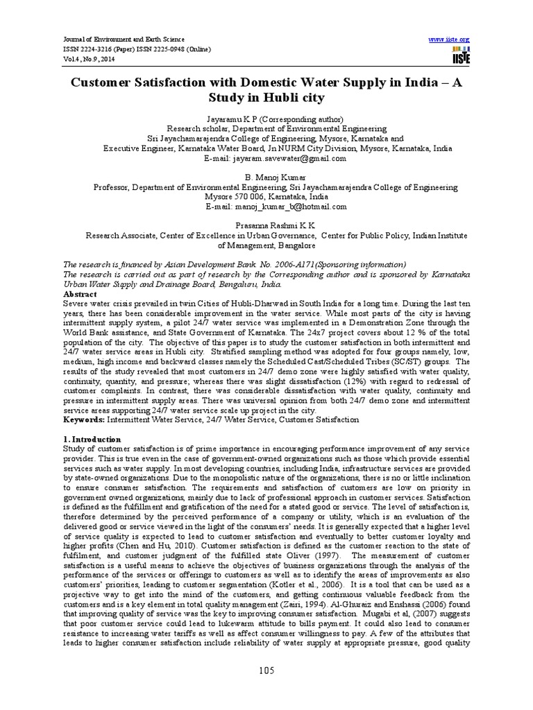 Customer Satisfaction in Water Supply in HubliDharwad PDF Survey