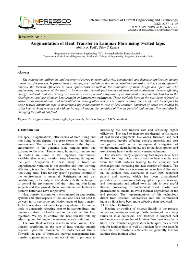 Augmentation of Heat Transfer in Laminar Flow Using Twisted Tape | PDF ...