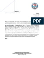 CP 12-12-2014 - Resolución Sobre Apelación en Caso de Traspaso de Jugadores de Los Senadores de San Juan y Los Cangrejeros de Santuce