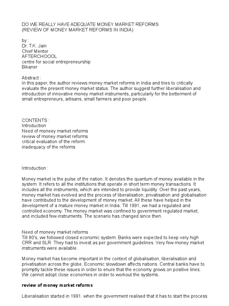 Indian Money Market Reforms Review | PDF | Reserve Bank Of India | Banks