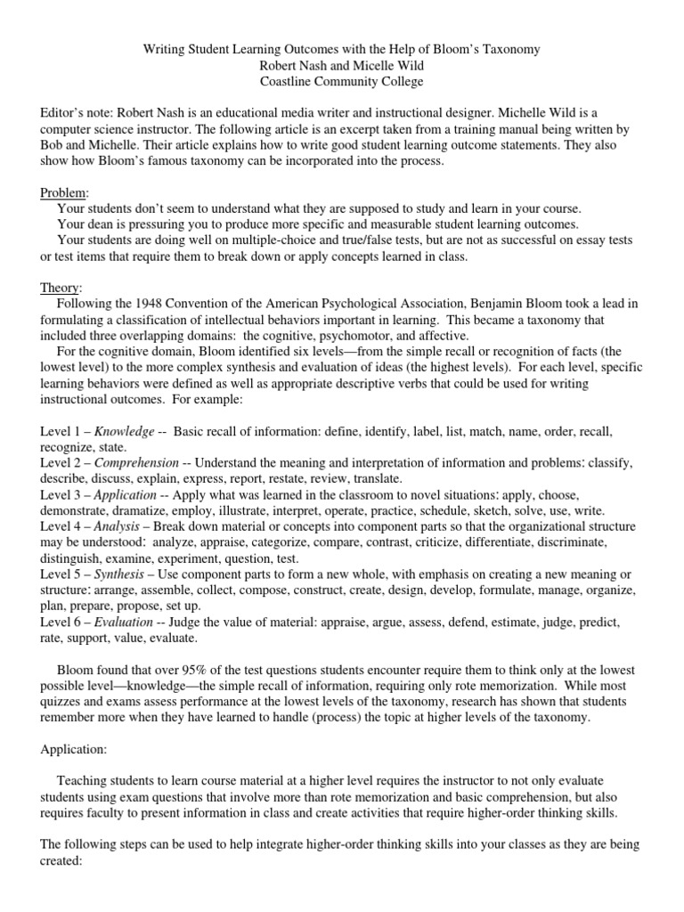 Writing Student Learning Outcomes | PDF