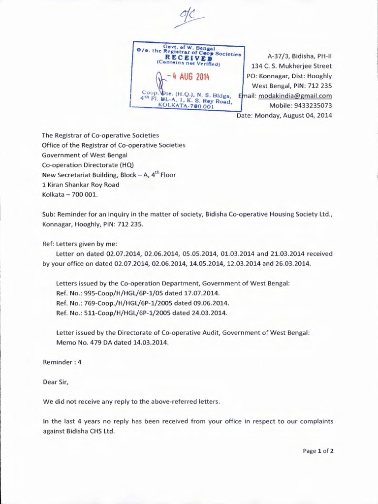 Complaint Letter submitted to the Registrar of Cooperative Societies