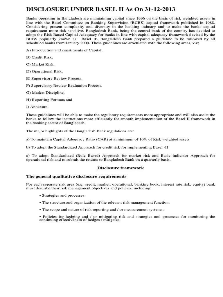 Disclosure Under Basel Ii As On 31122013 Disclosure Framework The