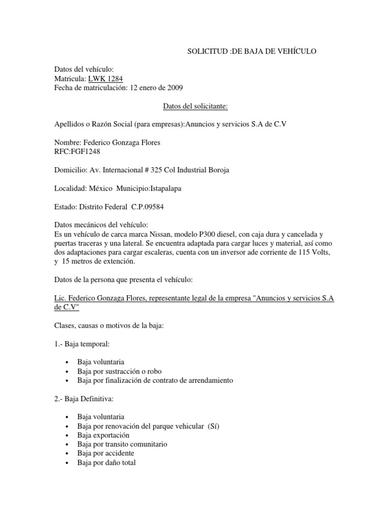 MODELO Solicitud de Baja Vehicular