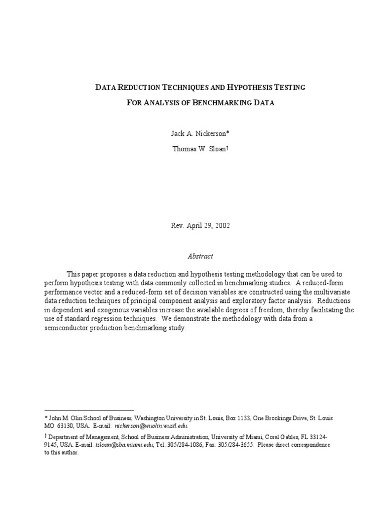 Data Reduction Techniques and Hypothesis Testing For Analysis of ...