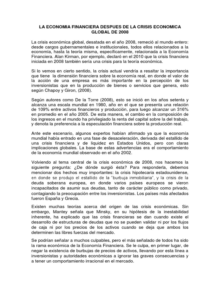 Economia Financiera Despues de La Crisis Del 2008 (Ensayo Oficial ...