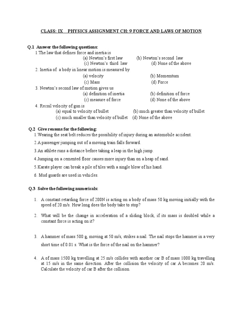 Class 9 Physics: Force & Motion Assignment | PDF | Newton's Laws Of ...