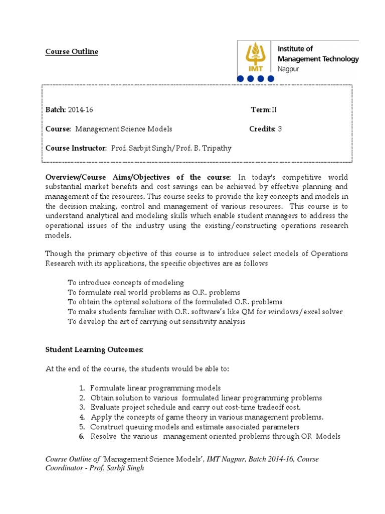 MSM Course Outline Mathematical Optimization Linear Programming
