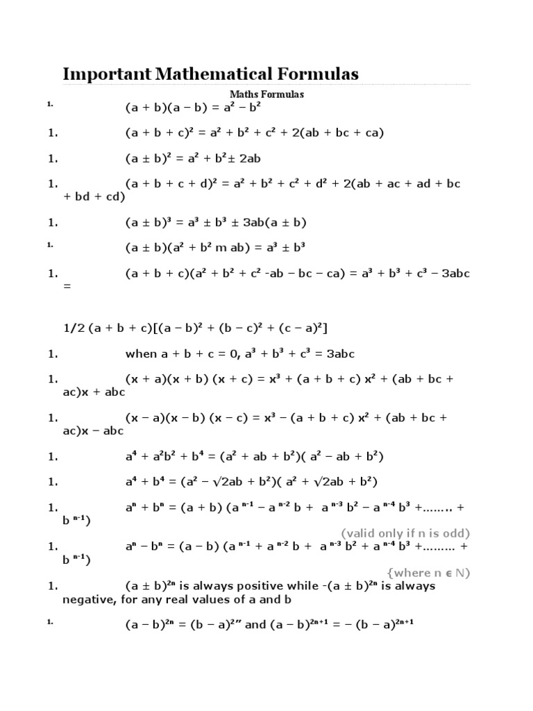 Important Mathematical Formulas Pdf