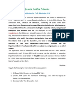 Jamia Millia Islamia PhD Admission 2014 Notification