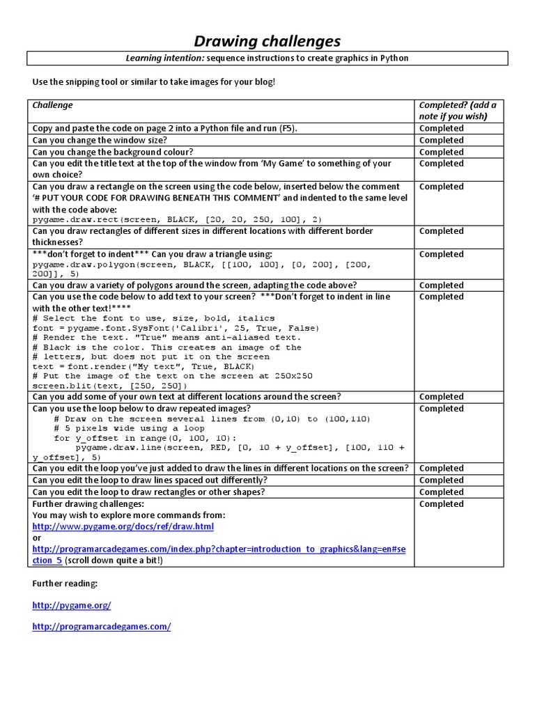 Python Graphics Drawing Challenges | PDF | Control Flow | Computer Graphics