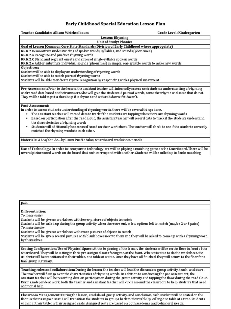Early Childhood Special Education Lesson Plan | PDF | Syllable | Teaching