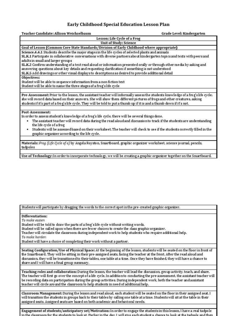 Early Childhood Special Education Lesson Plan | PDF | Teachers | Pedagogy