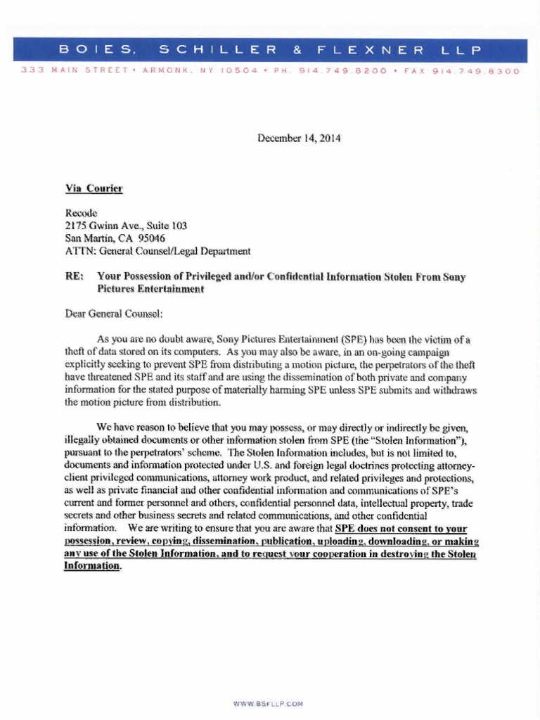 Sony Letter To Re/code | PDF