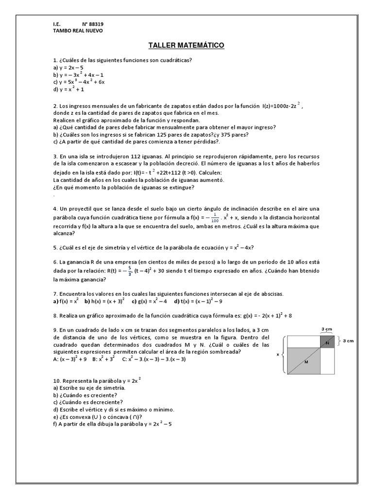 Taller Matematico 4 Funciones Cuadraticas