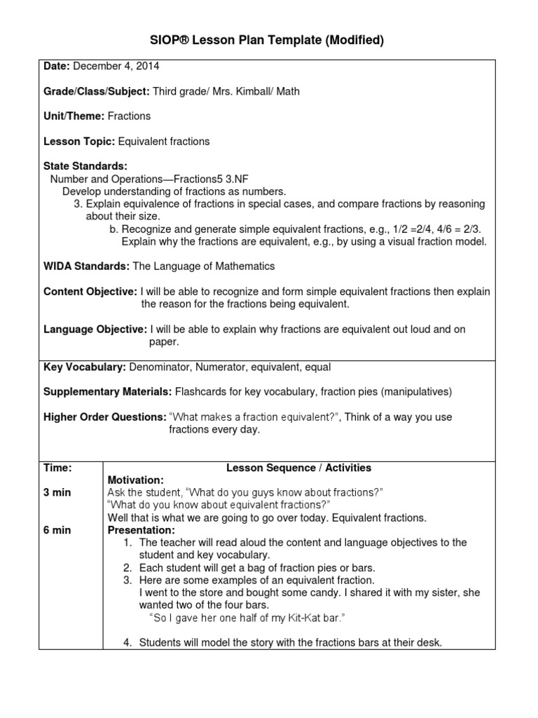 Siop lesson plan math