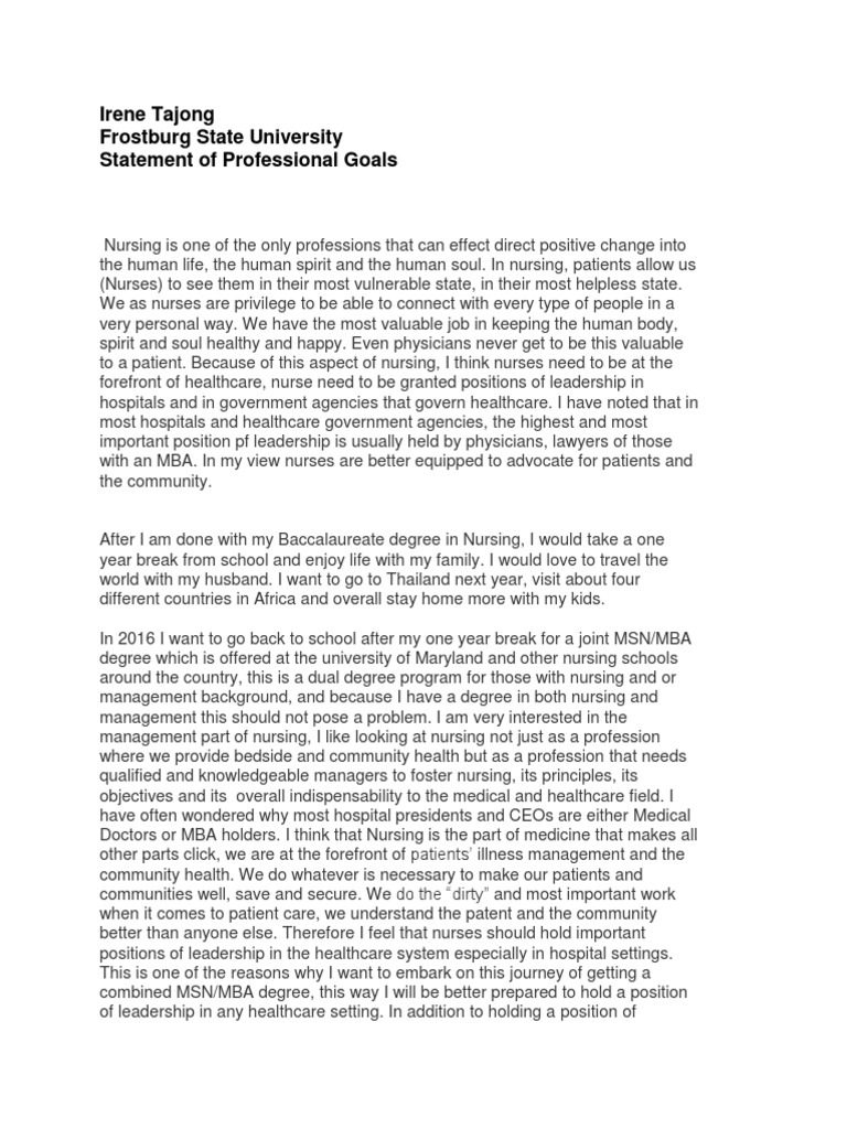 Statement of Professional Goals | PDF | Nursing | Patient